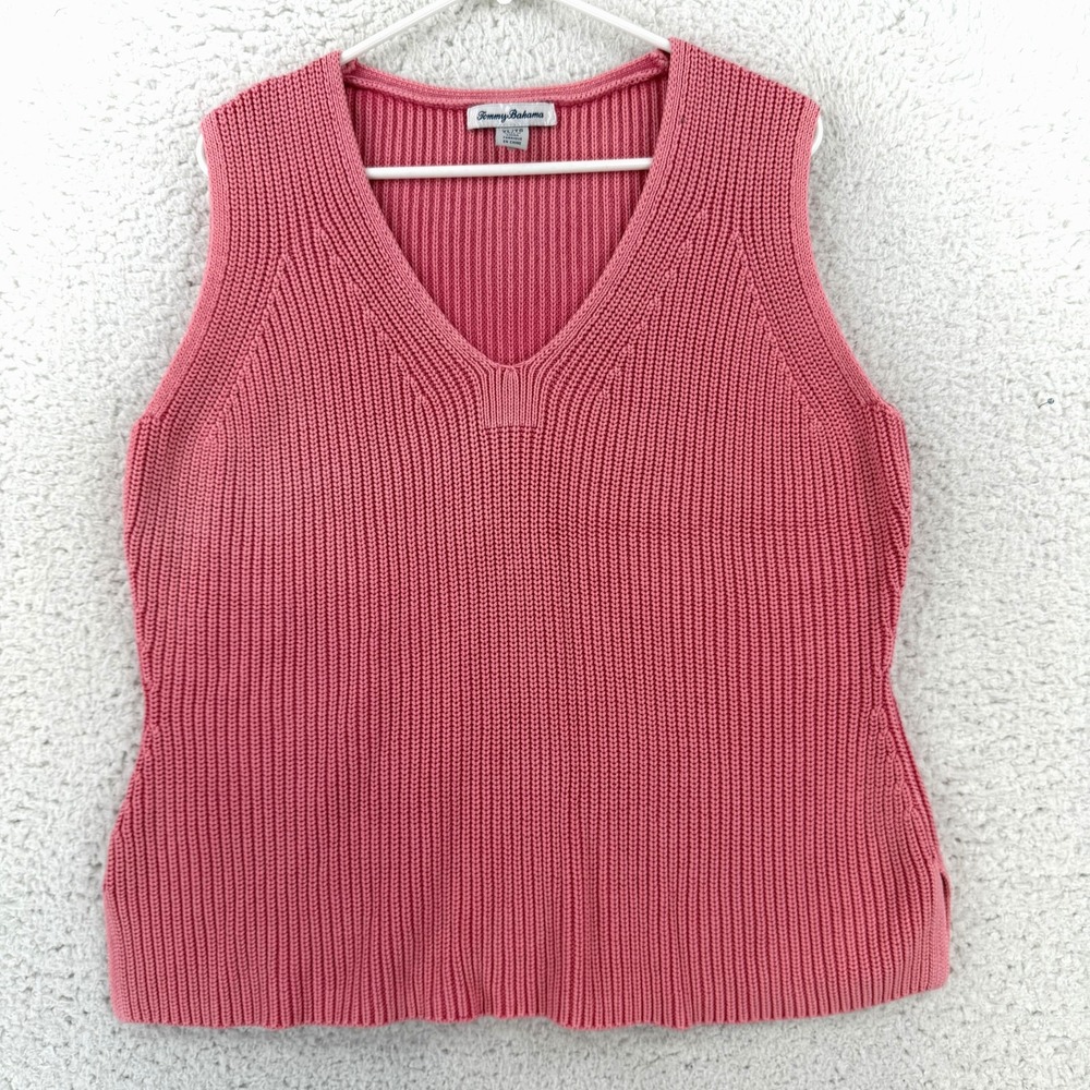 Tommy Bahama Sweater Vest Womens XL Pink Pima Cotton V Neck Sleeveless Knit Top